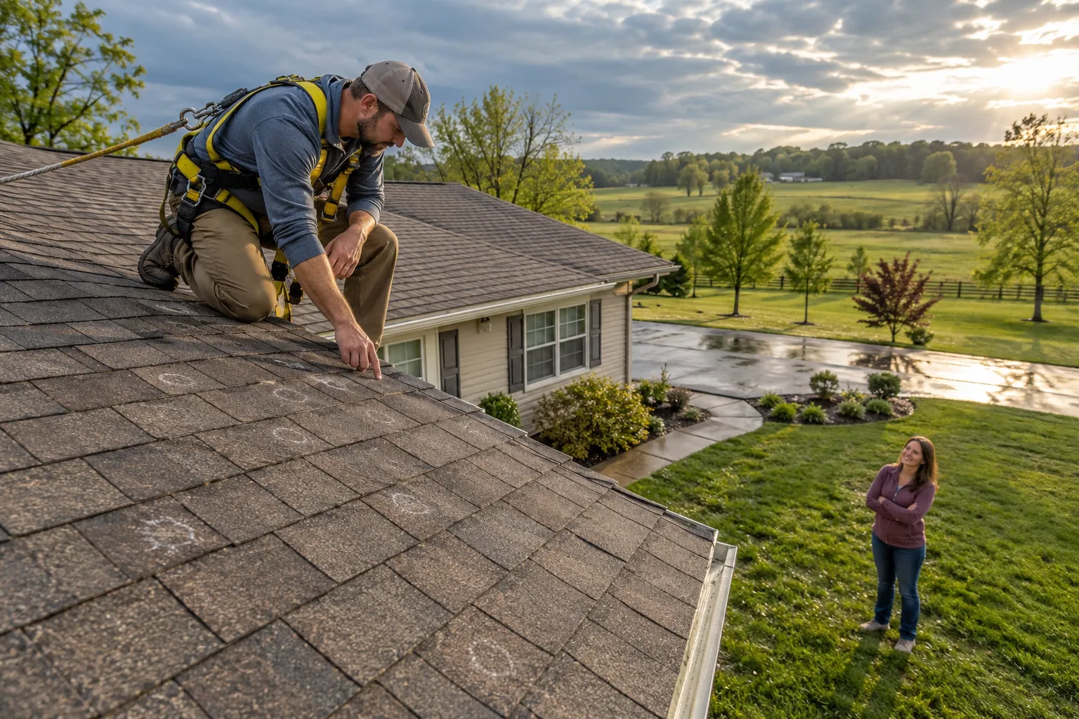 Roof of a ranch home in De Soto with hail-damaged shingles being inspected by a provider